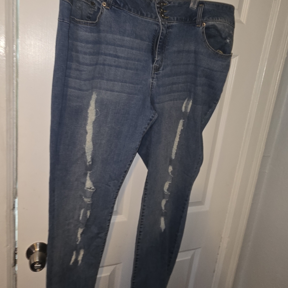 Ashley Stewart Blue Distressed Straight Leg Pants